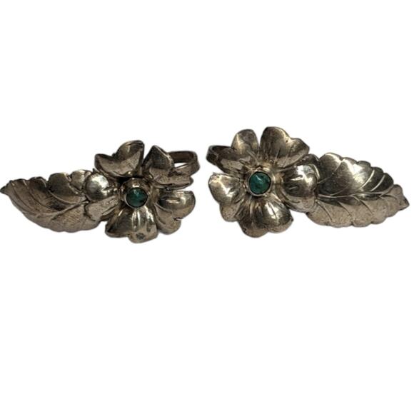 Silver and turquoise screw back flower earrings VINTAGE - Picture 3 of 8